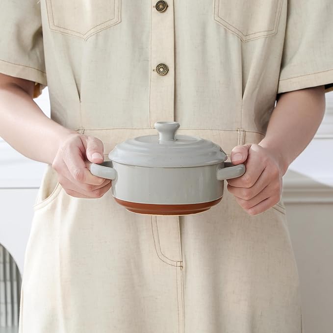 MALACASA Mini Cocotte Set - 12 OZ Ramekins with Lids and Handles, Small Casserole Dishes for Oven, Ceramic Small Baking Dish Set of 4, Microwave & Dishwasher Safe, Khaki Grey, Series TARA