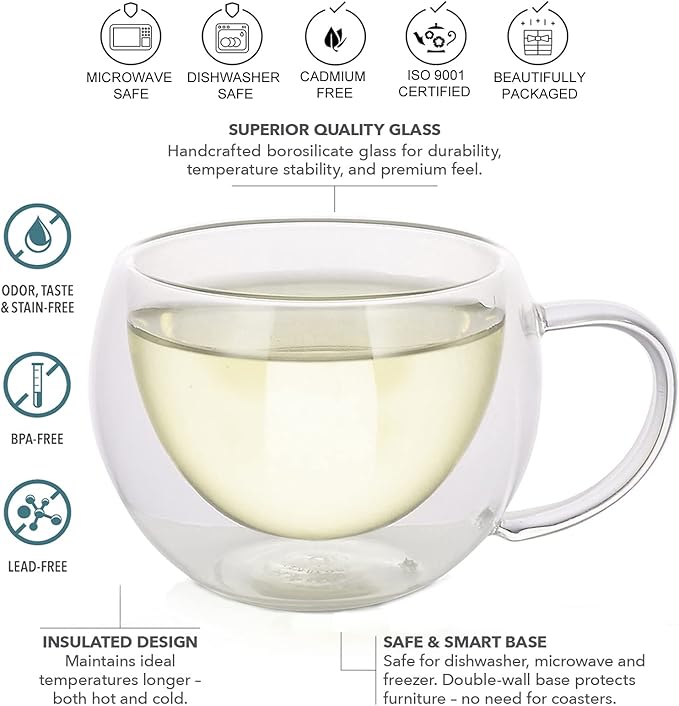 Teabloom Modern Classic Insulated Cups – 6 oz / 200 ml – Set of 4 Double Walled Glass Cups for Tea or Espresso