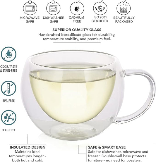 Teabloom Modern Classic Insulated Cups – 6 oz / 200 ml – Set of 4 Double Walled Glass Cups for Tea or Espresso