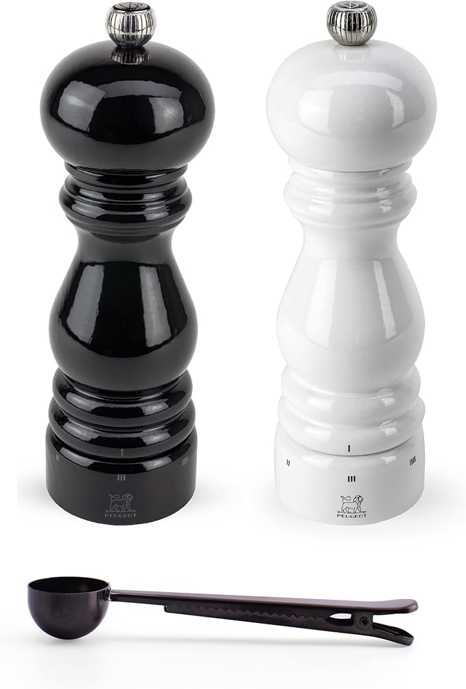 Peugeot Paris u'Select 6 Setting Manual Salt & Pepper Mill Set With Black Stainless Steel Spice Scoop Made In France (White & Black Lacquered, 7- Inch)
