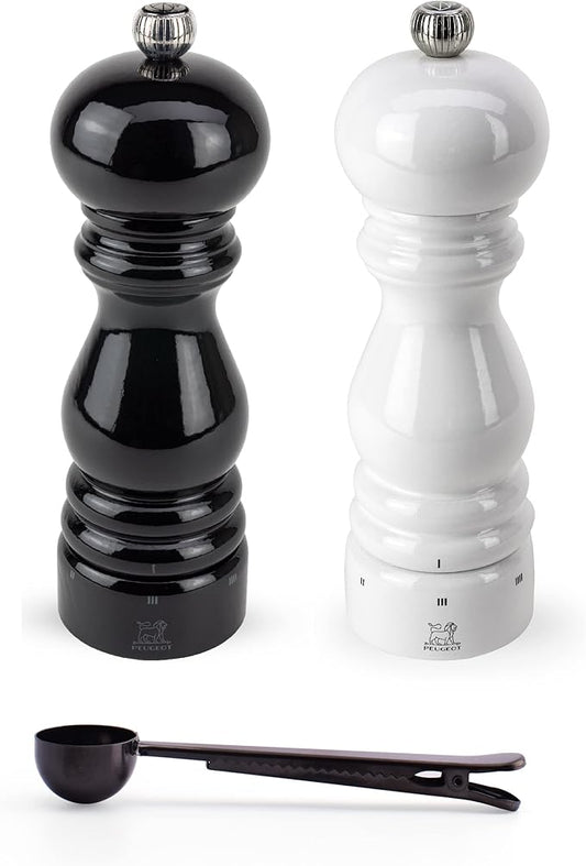 Peugeot Paris u'Select 6 Setting Manual Salt & Pepper Mill Set With Black Stainless Steel Spice Scoop Made In France (White & Black Lacquered, 7- Inch)