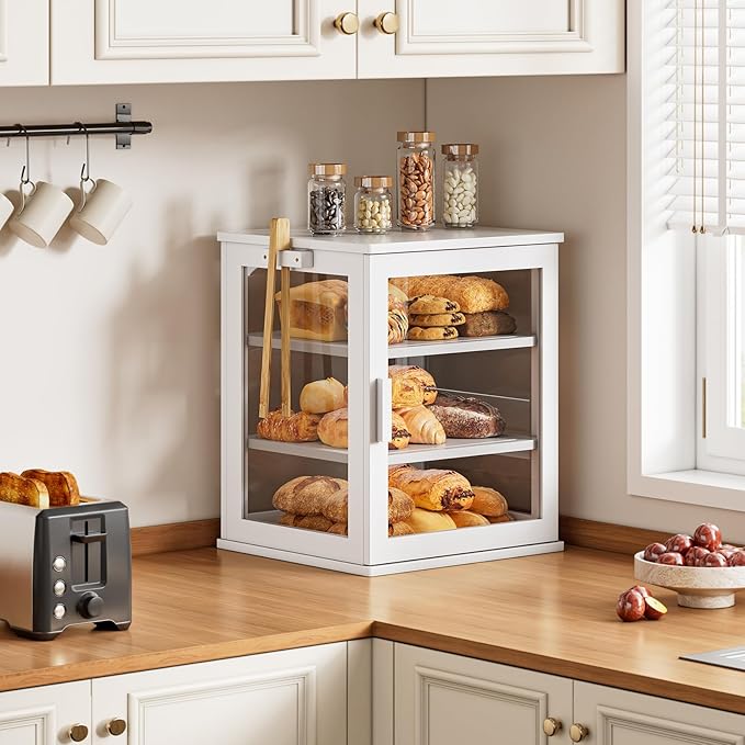 WOWLIVE Bread Box for Kitchen Countertop, Large 3 Layers Bread Storage Container for Homemade Bread with Window, Farmhouse Breadbox Organizer for Kitchen, Cabinet, Pantry (White, Extra Large)