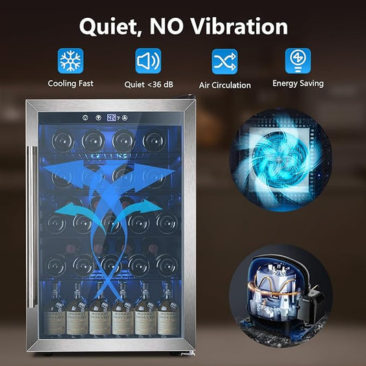 Wine Cooler 37 Bottle Freestanding Fridge with Stainless Steel Reversible Glass Door, 145 Can Beverage Refrigerator Quiet Compressor for Home Kitchen Bar, 4.5 Cu.ft Silver