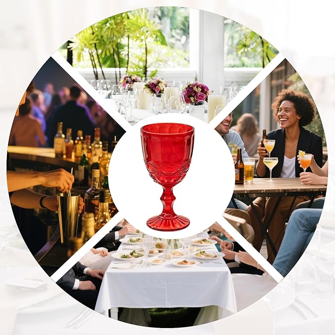 12 Pcs Vintage Wine Glasses, 10 Ounces Colored Glass Water Goblets, Unique Embossed Pattern High Clear Stemmed Glassware Wedding Party Bar Glass Drinking Cups, Floral Red Glasses Set of 12