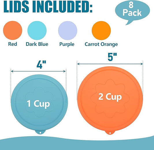1 Cup (4 Pack) + 2 Cup (4 Pack) Silicone Replacement Lids Storage Cover for Pyrex 7202-PC and Anchor Hocking Glass Bowls (Container not Included) 8 Pack Microwave, Dishwasher and Freezer Safe