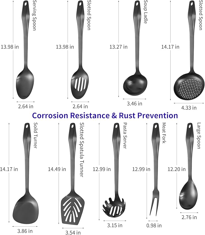 304 Stainless Steel Kitchen Utensil Set - 9pcs Cooking Utensils, Metal Kitchen Utensil Spatula Sets Cookware,High temperature resistance Kitchen Tool Set for Hanging Dishwasher Safe(Black)