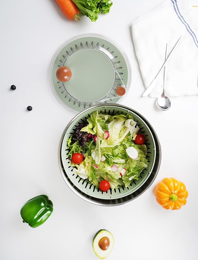 Stainless Steel Salad Spinner, Lettuce Spinner with Drain, Non-Slip Base, Stop Button, Vegetable Dryer, BPA Free, 5.3 Qt