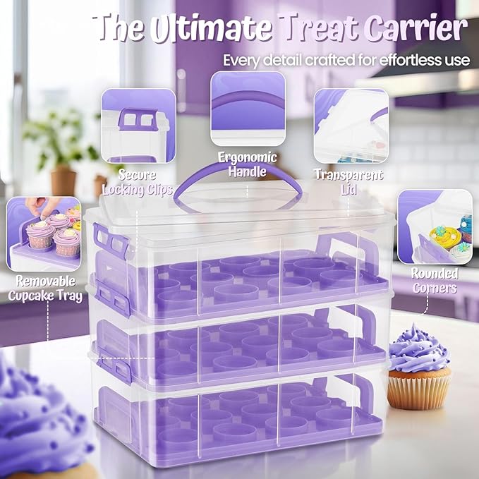 Flexzion 36 Cupcake Carrier 3 Tier Stackable Storage Container Collapsible Cake Carrier with Lid and Handle, Reusable Rectangular Plastic Dessert Travel Container, Display Holder Transport Box