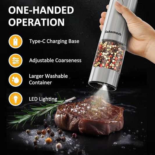 Electric Salt and Pepper Grinder Set USB Rechargeable Base, Stainless Steel Automatic Pepper and Salt Shakers with Adjustable Coarseness, LED Light, Ideal Gifts for Housewarming, Parents, Friends
