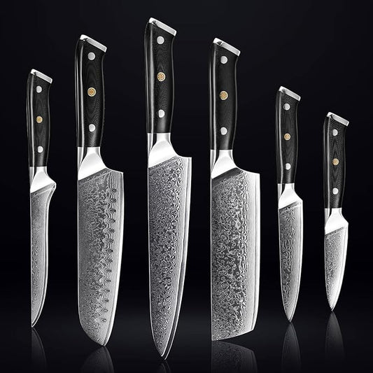 SENKEN 6-Piece Damascus Steel Kitchen Knife Set - Shogun Collection - 67-Layer Japanese VG10 Steel - Chef's Knife, Cleaver Knife, & More, Extremely Sharp Blades for Effortless Cutting, Luxury Gift Box