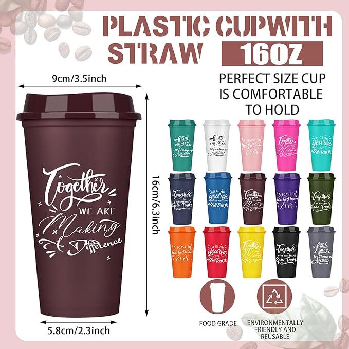 Pickmesh 15 Pcs Employee Appreciation Gifts Christmas Thank You Gift for Team Building 16 oz Teacher Plastic Coffee Cup with Lid Inspirational Travel Tumbler for Coworker Staff Pastor (Colorful)