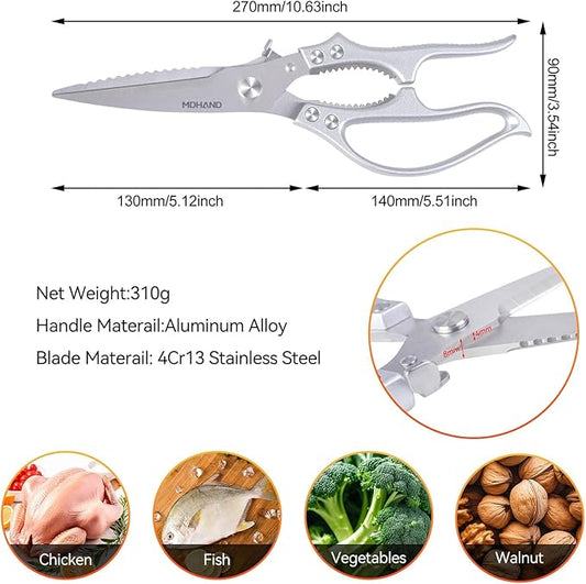 MDHAND Heavy Duty Poultry Shears, Kitchen Food Scissors All Purpose for Meat Cutting, Chicken Fish Fruit Vegetables, Dishwasher Safe Kitchen Shears with Anti-Slip Handle & Safety Lock, Spring Loaded