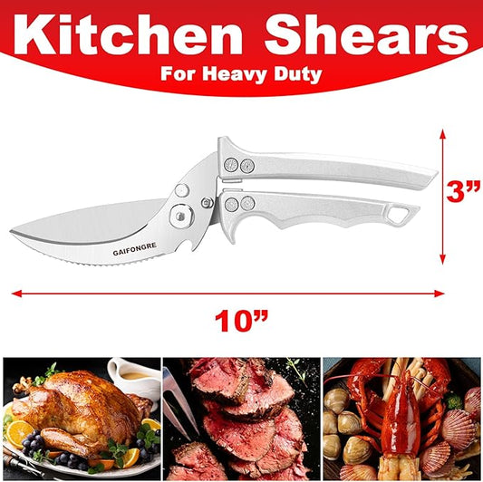 Poultry Shears Heavy Duty,Kitchen Shears for food Heavy Duty,Kitchen Scissors All Purpose,Chicken Shears,Fish,Meat,Easily Separable for Thorough Cleaning,Dishwasher Safe (Silver)