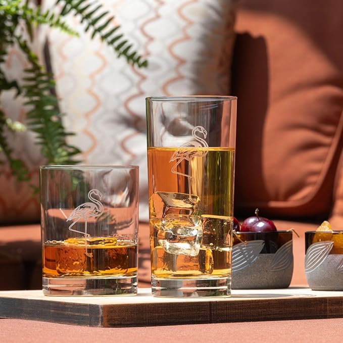 Rolf Glass Flamingo Highball Glass | 15oz Cooler Glasses | Lead-Free and Sand-Etched | Heavy Base, Thick Glass | Made in the USA | Tropical and Coastal Engraved Pineapple | Set of 4