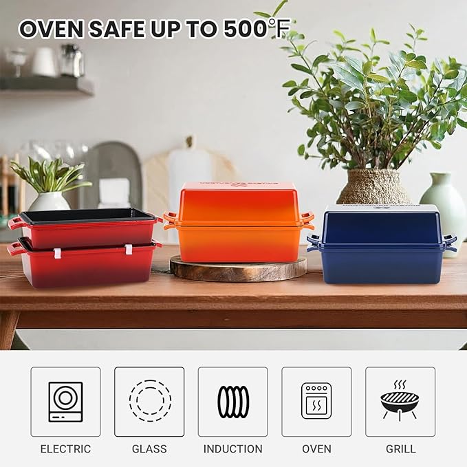 9x5 Inch Enameled Cast Iron Loaf Pan with Lid, Perfect Bread Baking Pan | Even Heat Distribution for Homemade Bread, Cake, Meatloaf,2 Piece set,Red