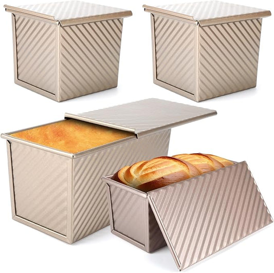 4 Pcs Pullman Loaf Pan with Lid,Bread Loaf Pan,0.5LB/1LB Dough Capacity Pullman Bread Pan, Non-Stick Carbon Steel Sandwich Bread Pans,Toast Box for Sandwich,Bread,Sourdough