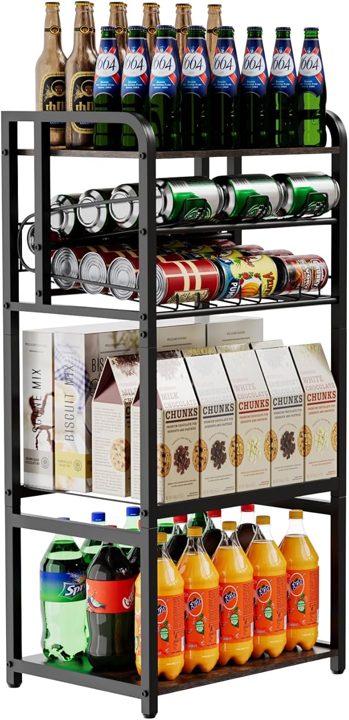 Kadolina Soda Can Organizer for Pantry, 5-Tier Storage Shelf, Kitchen Organizers and Storage, Multifunctional Snack Organizer Rack, Standing Can Rack for Pantry/Kitchen (Black)