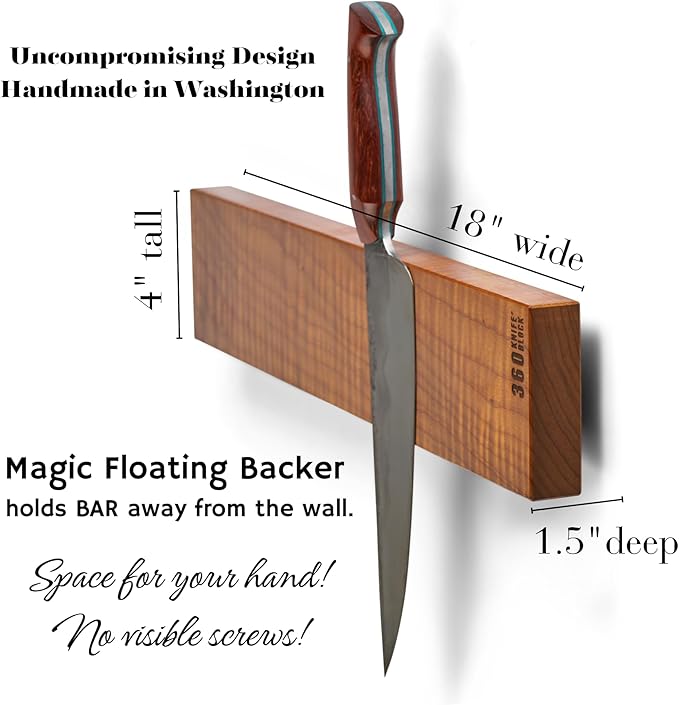 360KnifeBlock BAR - 4”x18” Guitar Wood wall mount knife BAR - verticle hang magnetic knive bar, two rows of magnets, solid wood, handmade in washington - 18" wood