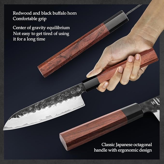 HEZHEN 5.5 Inches Santoku Knife, Three-layer Clad Steel, Professional small Japanese Chef Knife, Ultra Sharp Blade, Red Wood Octagonal Handle