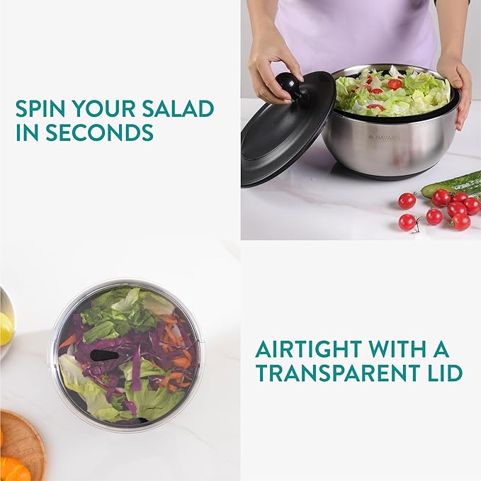 Navaris Salad Spinner with Storage Lid - Durable Stainless Steel Vegetable & Lettuce Dryer Set - Non-Slip Silicone Base - Includes Plastic Colander and Extra Storage Lid - Black