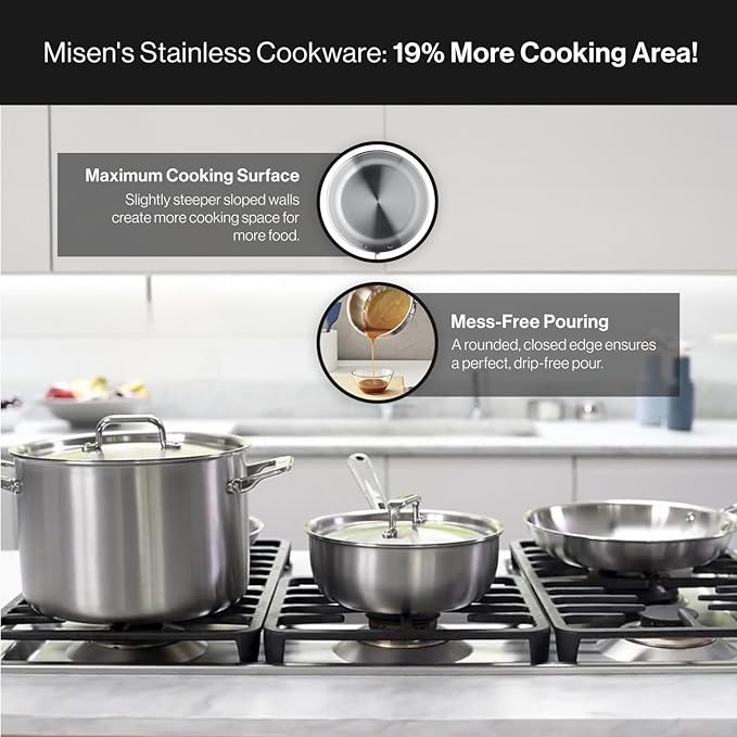 Misen 5-Ply Stainless Steel Cookware Set - Versatile, Dishwasher Safe - 5-Piece Set - 10" Skillet, 3 QT Saute Pan + Lid, 3 QT Saucier + Lid