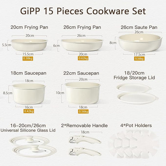 GiPP Ceramic Pots and Pans Set Non Stick, Nonstick Detachable Handle Cookware Sets, Healthy Non Toxic PFAS PFOA & PTFE Free, Dishwasher &Oven Safe, Induction Kitchen Pot and Pan, 15 Piece Cream