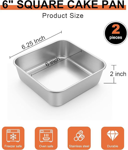 LIANYU 2 Pack 6 x 6 Inch Square Baking Cake Pan, Stainless Steel Small Brownie Bread Cake Molds, Square Bakeware for Lasagna Pie, Oven & Dishwasher Safe