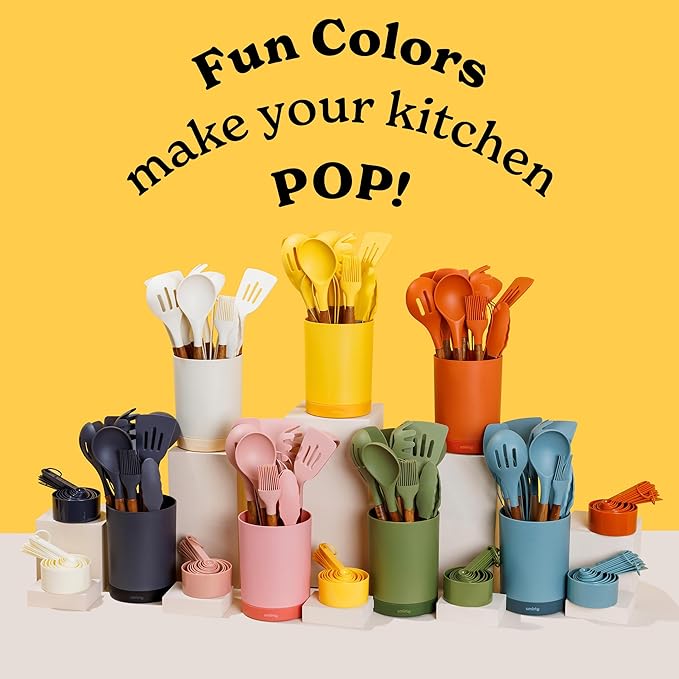 SMIRLY Kitchen Utensils Set – 22-Piece Silicone Cooking Utensils Set, Spatula Set with Holder, Wooden Handle Silicone Kitchen Gadgets for Nonstick Cookware
