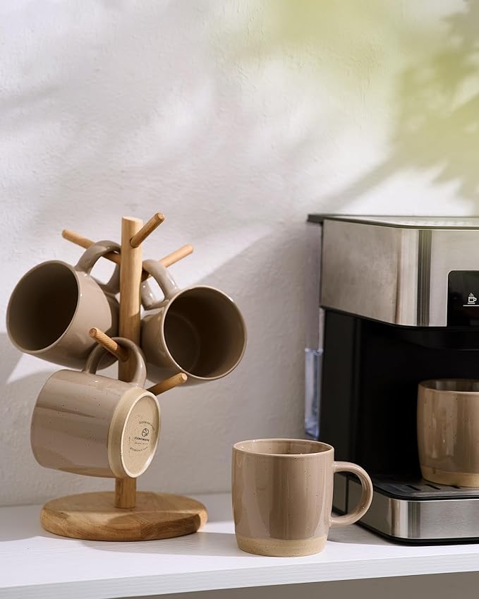 famiware Coffee Mugs for 4, 13 oz Mug Set, Dringking Cup with Handle for Coffee, Tea, Cocoa, Milk, Milkyway serise, White+Cinnamon Brown