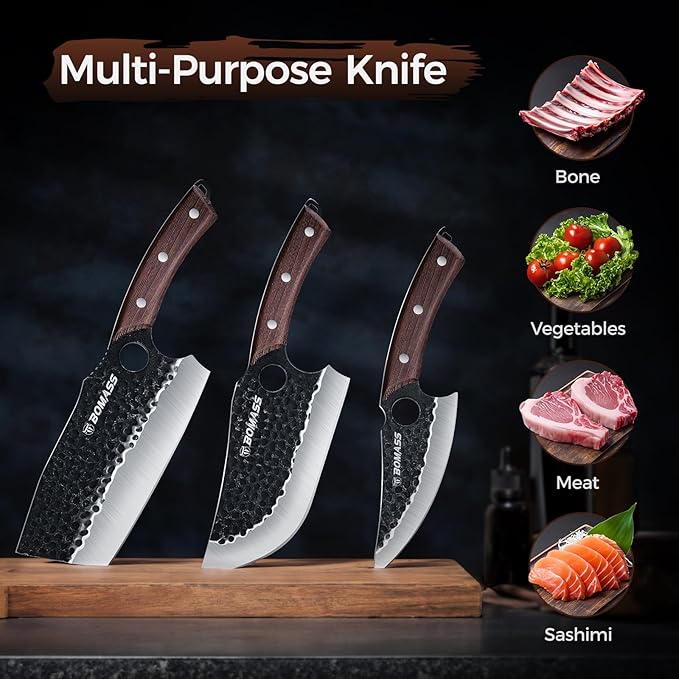 Butcher Knife Meat Cleaver Knife, Hand Forged Japanese Knife Set of 3, High Carbon Kitchen Knife & Serbian Chef Knife & Boning Knife for Meat Cutting, Outdoor Cooking BBQ Camping Gift for Men