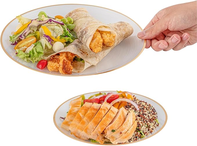 Restaurantware Plastic Plates 40 Pcs 7.13" and 10" Combo Gold Rimmed Plate Set Disposable Heavy-Duty White Translucent Rippled Plastic Dinner Servers for Party, Weddings, Salads, Desserts