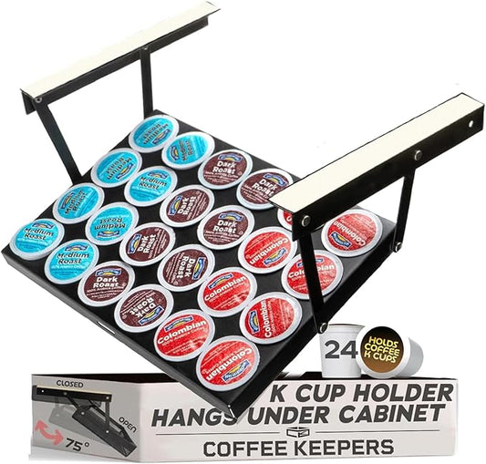 Under Cabinet K Cup Holder 24 Pods – Space-Saving Coffee Pod Holder – Keurig Pod Organizer for Small Spaces – Kcup Holder with Screws & Adhesive for Easy Installation STEEL - 13in x 10in - BLACK