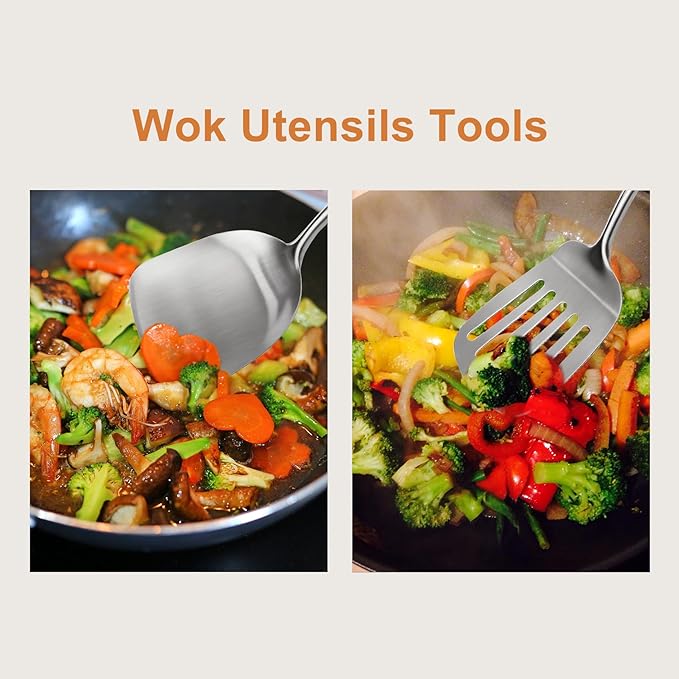 304 Stainless Steel Cooking Utensils Set with Wooden Handle, 2 PCS Metal Wok Spatula for Kitchen Use