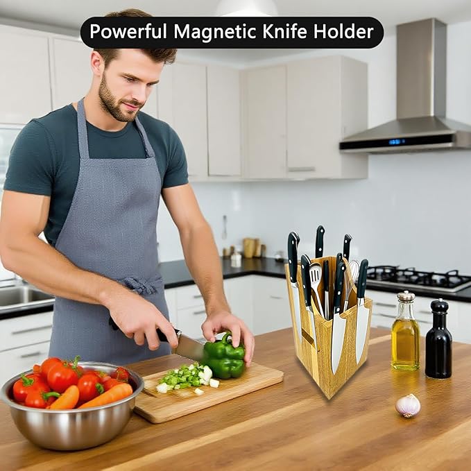Magnetic Wooden Knife Block for Kitchen without Knives - 360° Rotating Knife Holder with Strong Enhanced Magnets Extra Large Capacity Knife Storage Organizer for Knives Utensils