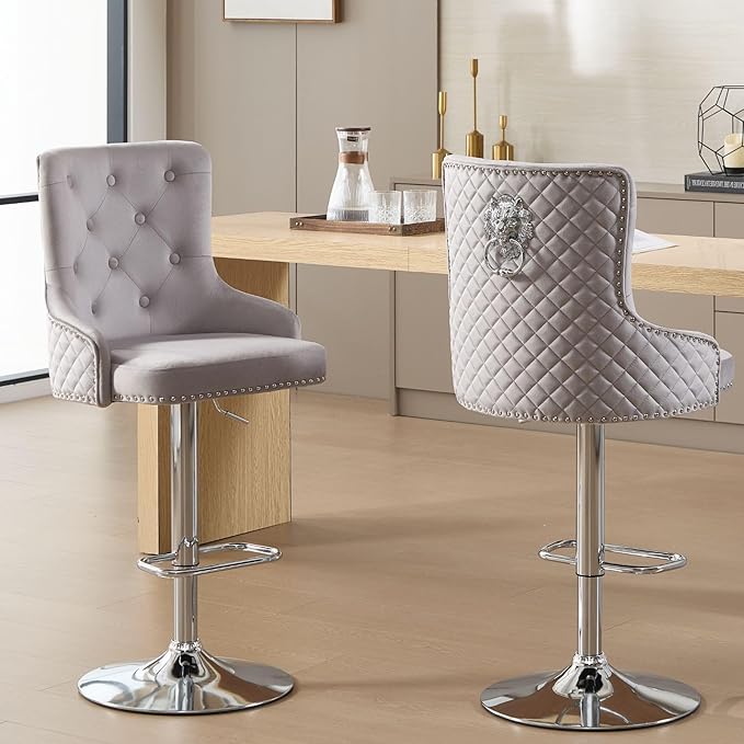 Velvet Adjustable Swivel Barstools Set of 2 with High Tufted Back, Modern Counter Height Stools with Chrome Base Footrest Pull Ring Rivet Trim for Kitchen, Dining Room, Pub (Grey)