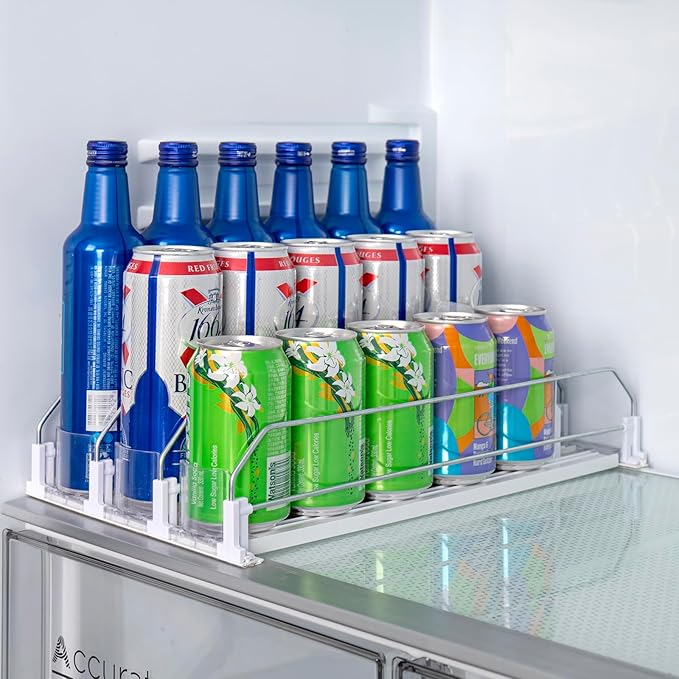 Rula Drink Organizer for Fridge, Width Adjustable Water Bottle Pusher Glide, Self-Pushing Soda Can Dispenser for Refrigerator - Holds up to 15 Cans (15"D, 3 Rows)