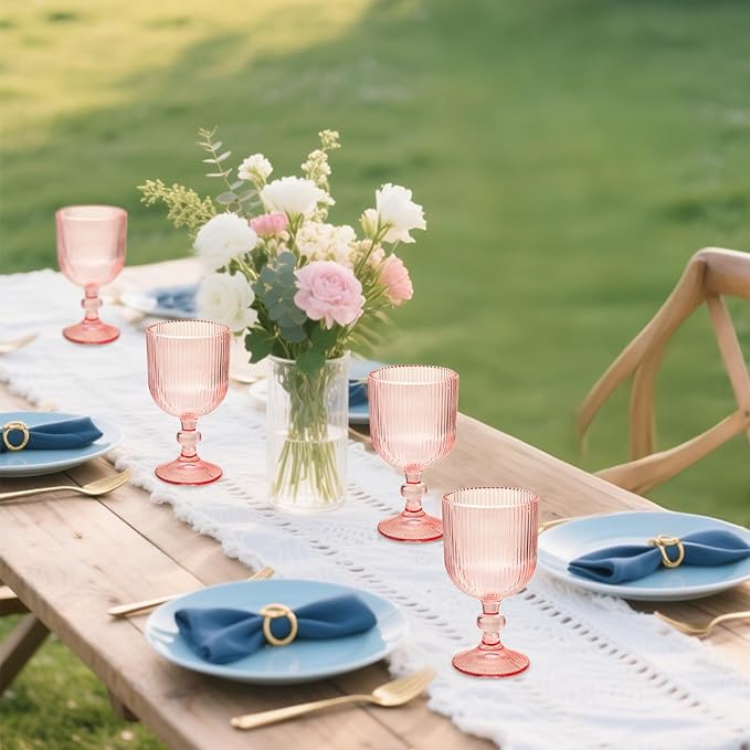 Pink Vintage Wine Glasses Set of 6, 11 Ounces Colored Glass Water Goblets, Unique Embossed Pattern High Clear Stemmed Glassware Wedding Party Bar Glass Drinking Cups Fancy Glasses Hand Wash Only