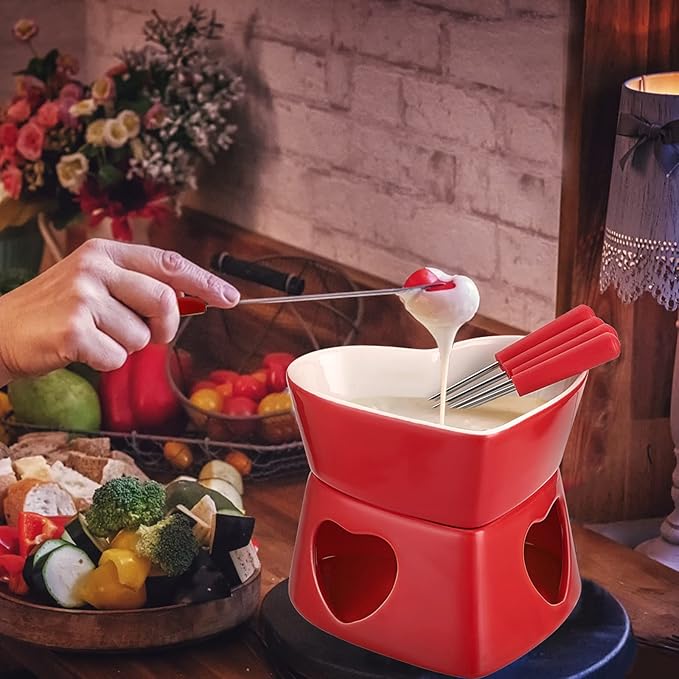 BSTKEY Red Ceramic Butter Warmer Set, Heart Shaped Fondue Pot Melting Pot Set, Melt Hot Pot Bowl Set for Cheese Chocolate Butter Caramel, with 4 Forks