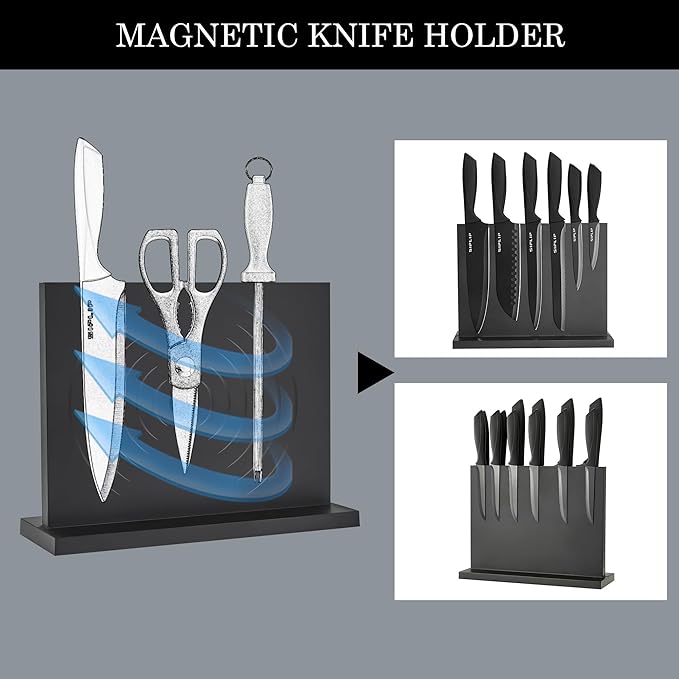 Kitchen knife set with Magnetic knife holder, 15 pieces high carbon stainless steel sharp kitchen knife set including chef's knife, bread knife, serrated steak knife set