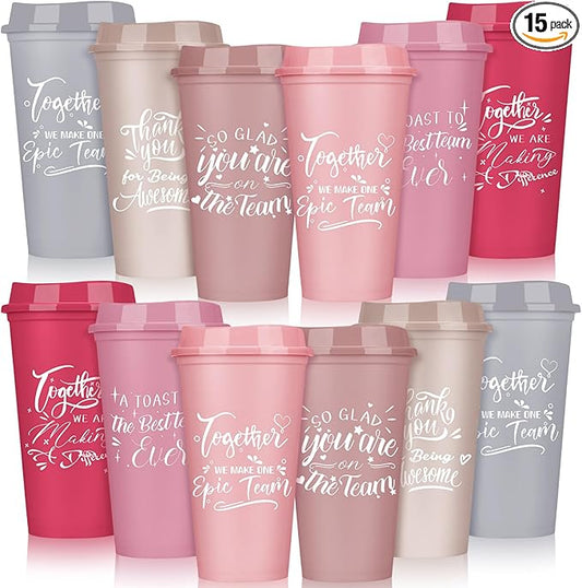 Pickmesh 15 Pcs Employee Appreciation Gifts Christmas Thank You Gift for Team Building 16 oz Teacher Plastic Coffee Cup with Lid Inspirational Travel Tumbler for Coworker Staff Pastor (Pink)