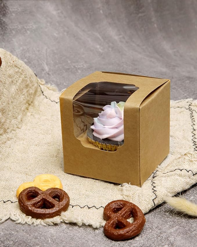Bakepacker Auto-pop up Cupcake Boxes 30-Packs Individual Cupcake Container Brown 3.5" x 3.5" x 3.5" Single Cupcake Boxes