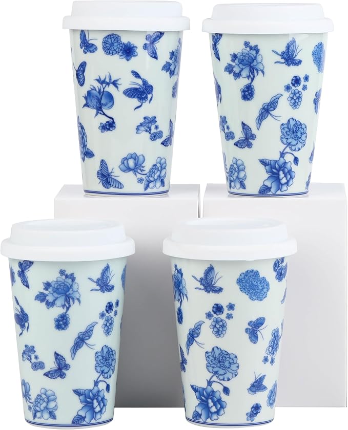 14 oz ceramics Handmade blue and white Retro Coke cups coffee tea set of 4 china Coffee Mugs for Tea, Milk,Dishwasher and Microwave Safe,Free gift soft silicone cover and gift box