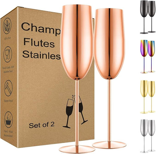 Champagne Glasses Set of 2 Stainless Steel Champagne Flutes Wedding Gifts for Bride 8.5 oz Unbreakable Champagne Glasses for Party Wedding Christmas Anniversary Brithday