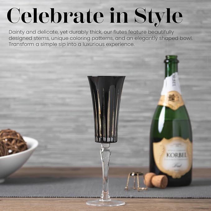 Vikko Champagne Flutes, Timeless Collection 6 Ounce Elegant Wine Glass for Fine Dining, Set of 4 Black Goblets with Stem, Dishwasher Safe