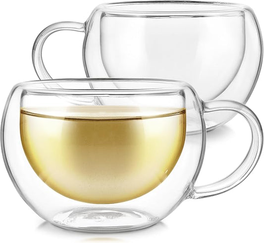 Teabloom Modern Classic Insulated Cups – 6 oz / 200 ml – Set of 2 Double Walled Glass Cups for Tea or Coffee