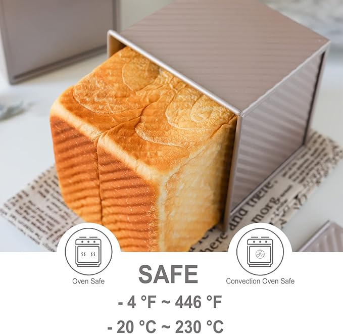 CHEFMADE Square Pullman Loaf Pan with Lid, 1Lb Dough Capacity Non-Stick Rectangle Corrugated Toast Box for Oven Baking 5.7" x 5.7"x 5.2"(Champagne Gold)
