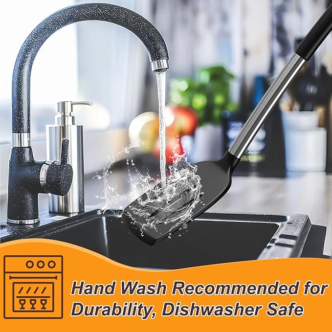 Yoehka Silicone Cooking Utensils Set for Nonstick Cookware, 4Pcs Heat Resistant Kitchen Silicone Spatula and Spoon Set with Stainless Steel Handle, Mixing, Flipping, Turning, Stirring, Black