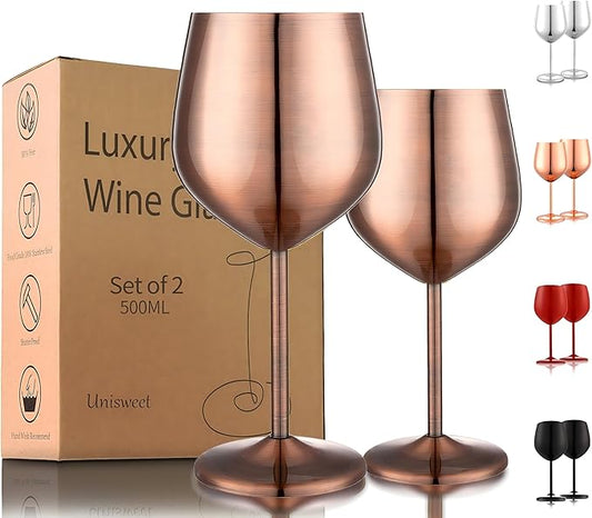 Stainless Steel Wine Glasses Set of 2, 18 oz Unbreakable Wine Glass Unique Metal Wine Goblets for Outdoor Capming and Pool Gift for Wine Lovers (Red Copper)