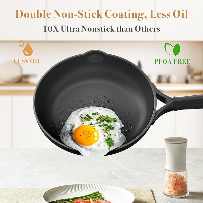 PekGema Nonstick Pots and Pans Set, Non Stick Cookware Set 14 Pcs, Induction Cooking Set with Pour Spouts and Oven Safe for Casserole, PFOA FREE, Classic Black