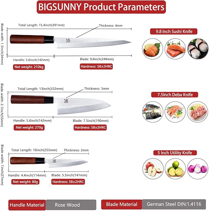 MSY BIGSUNNY 3pcs Sashimi Knives Set - Sushi Knife Set (3 in 1) - Stainless Steel - Brown